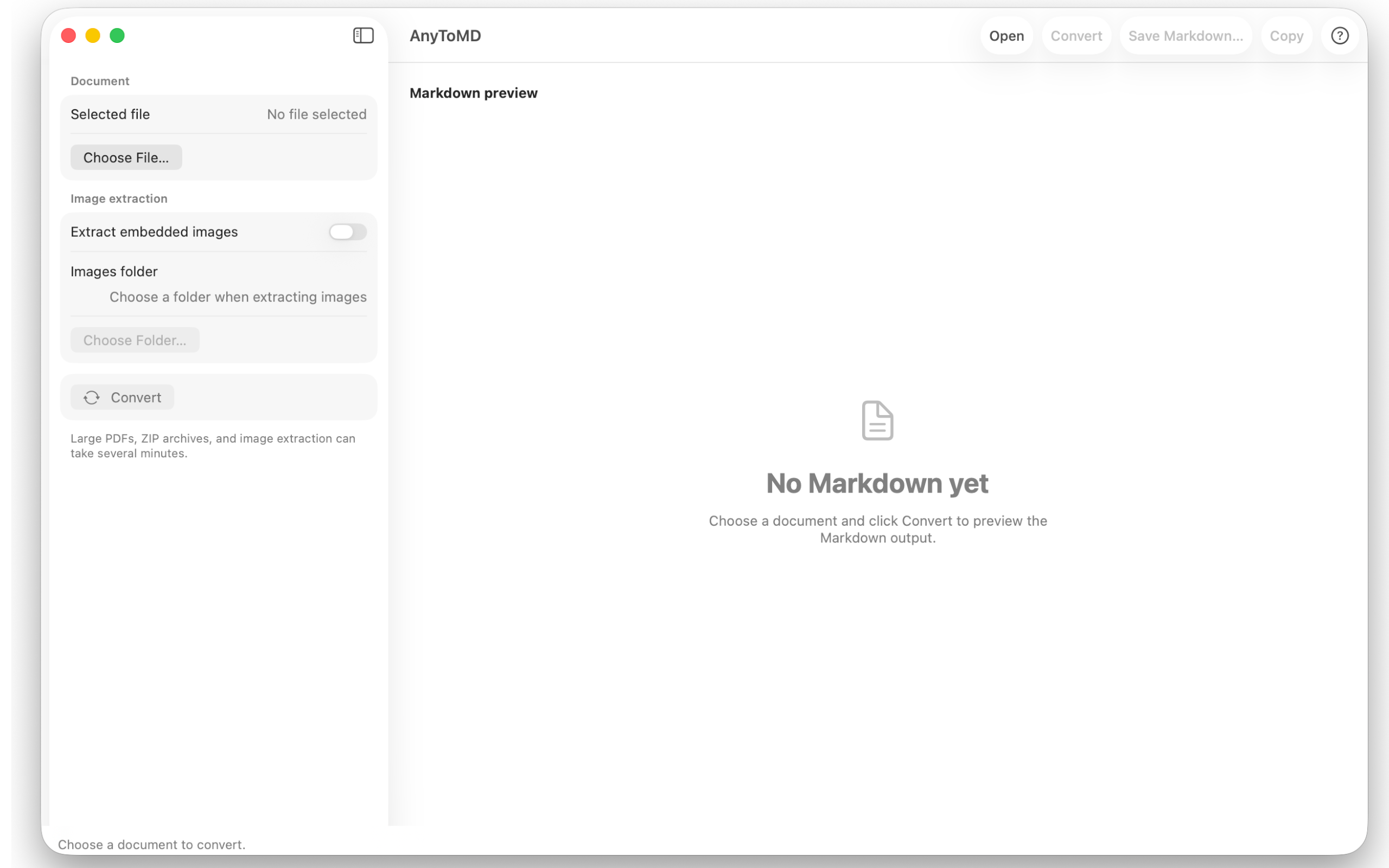 AnyToMD main window ready to convert a document