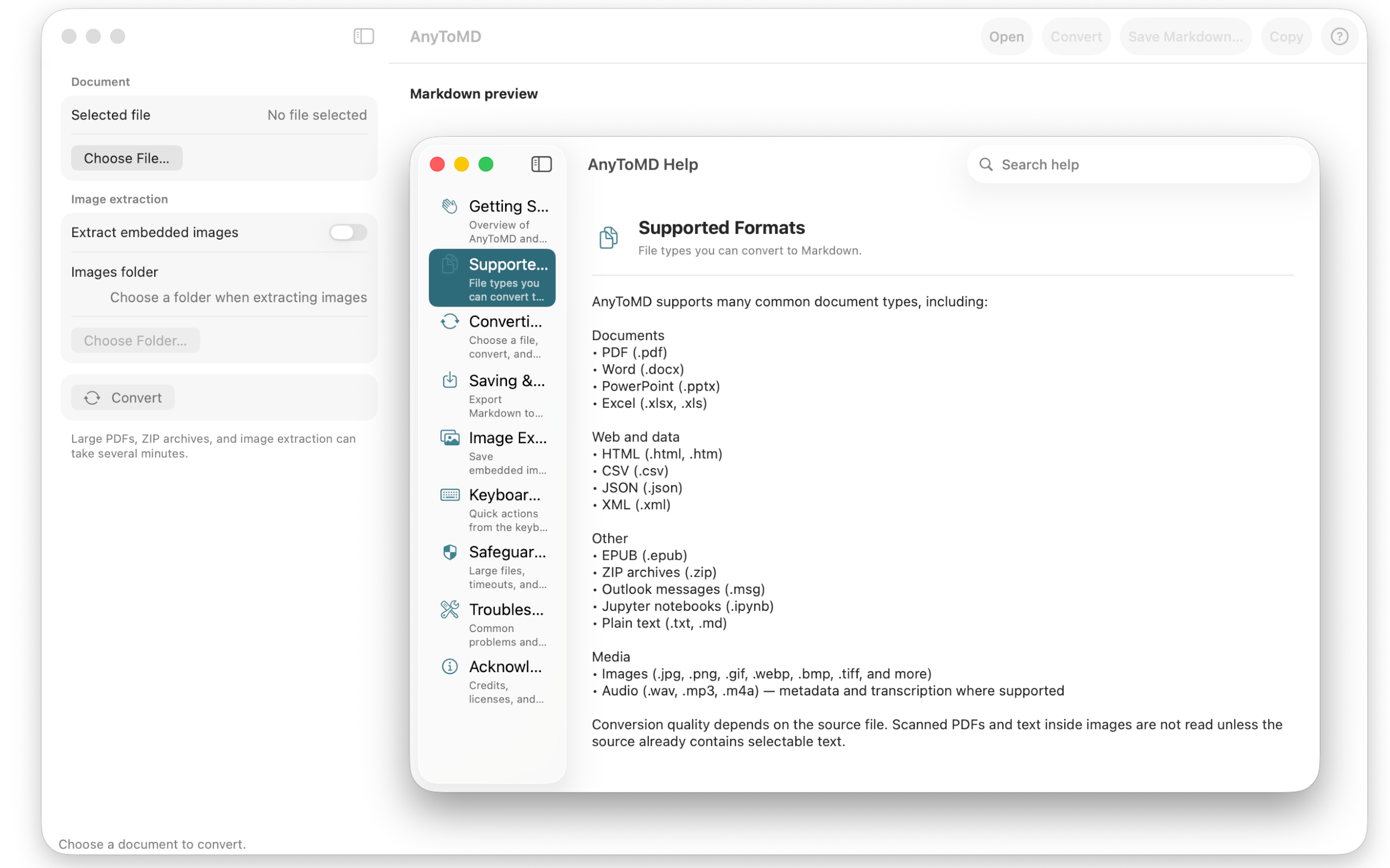 AnyToMD conversion complete with save and copy options